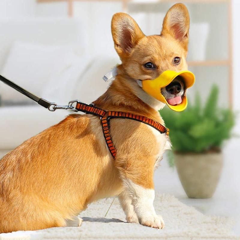 A cute yellow silicone duck muzzle designed for dogs, showcasing its soft material and adjustable straps for comfort.