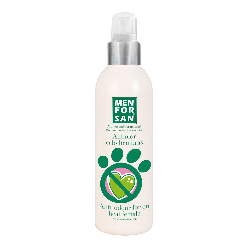 Menforsan Anti-odour spray for female dogs in estrus, 125 ml bottle with a sleek design, ideal for neutralizing odors during heat cycles.