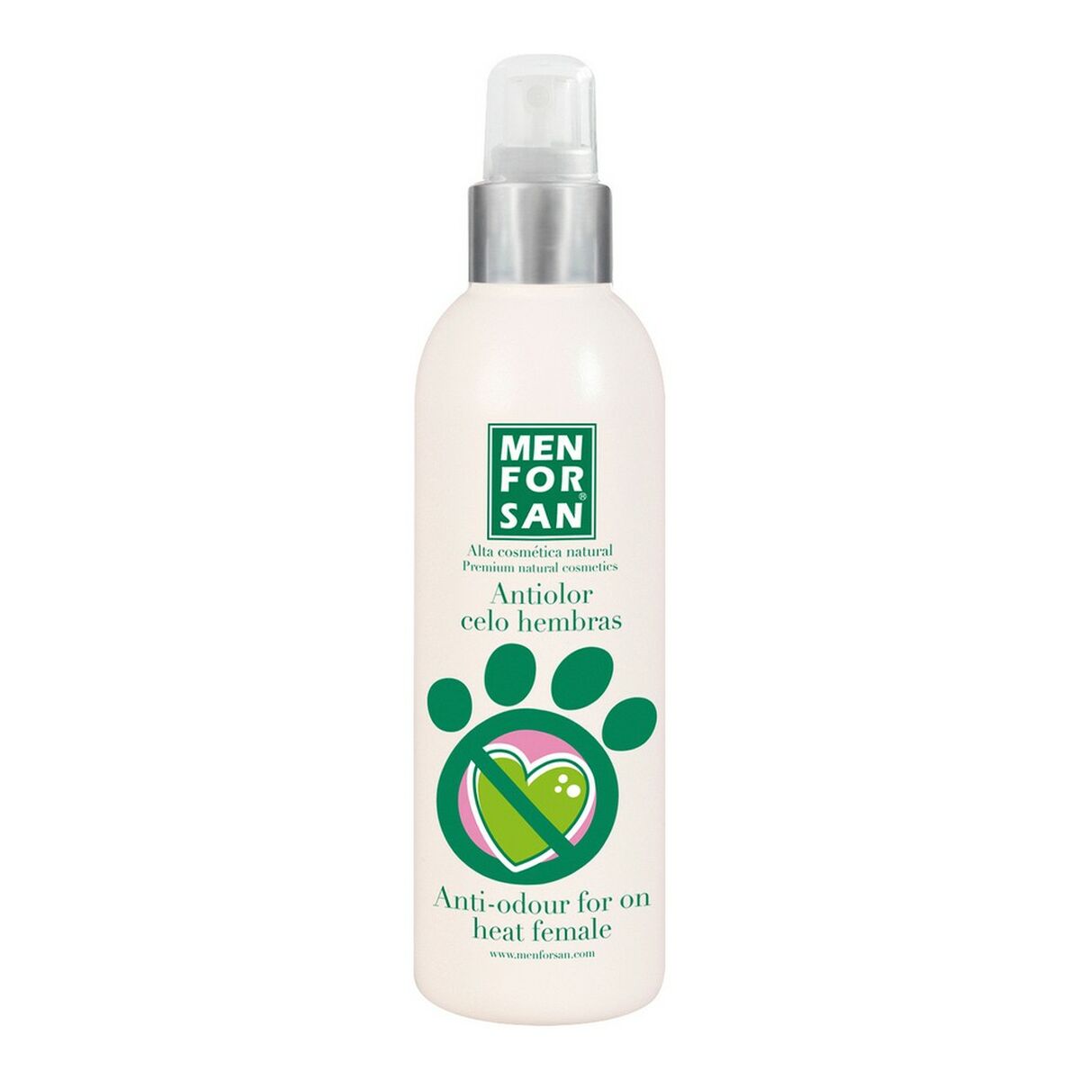 Menforsan Anti-odour spray for female dogs in estrus, 125 ml bottle with a sleek design.