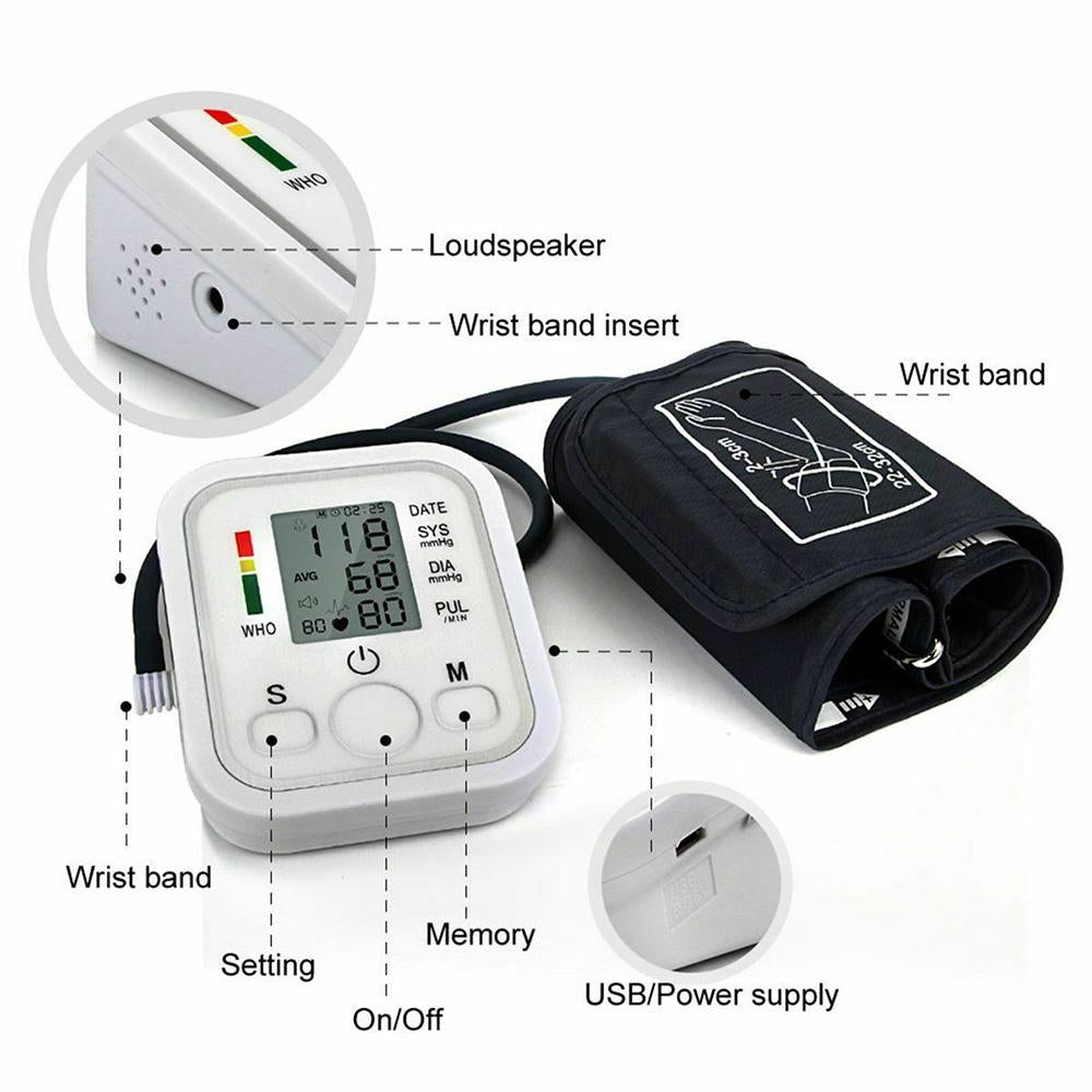 Arm Automatic Blood Pressure Monitor with LCD display and adjustable cuff, designed for accurate arterial pressure measurement.