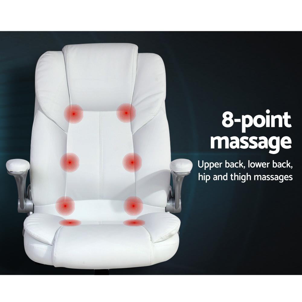 Artiss Massage Office Chair in white PU leather with 8-point massage features and stylish chrome base.