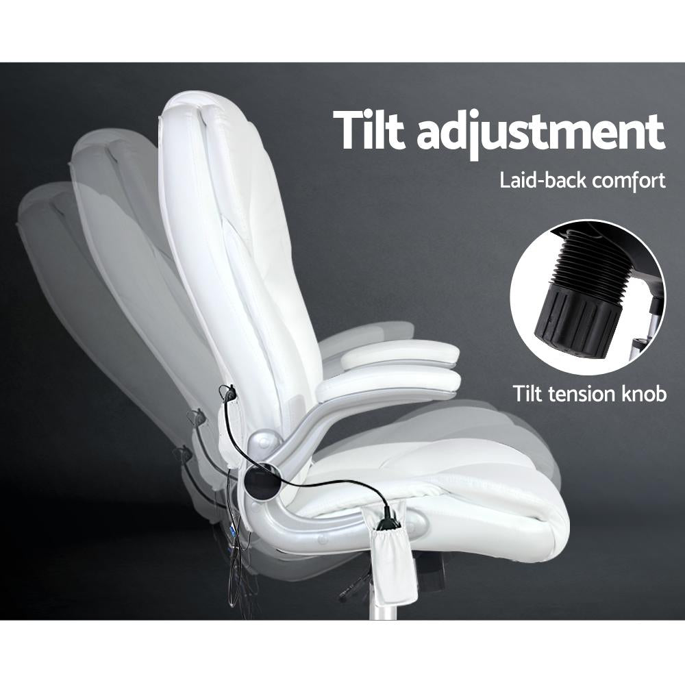 Artiss Massage Office Chair in white PU leather with 8-point massage features and stylish chrome base.