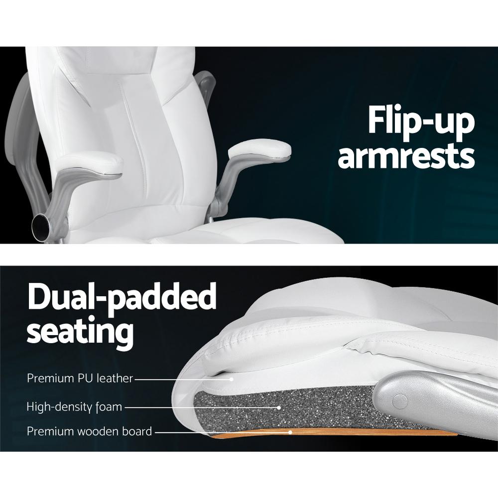 Artiss Massage Office Chair in white PU leather with 8-point massage features and stylish chrome base.