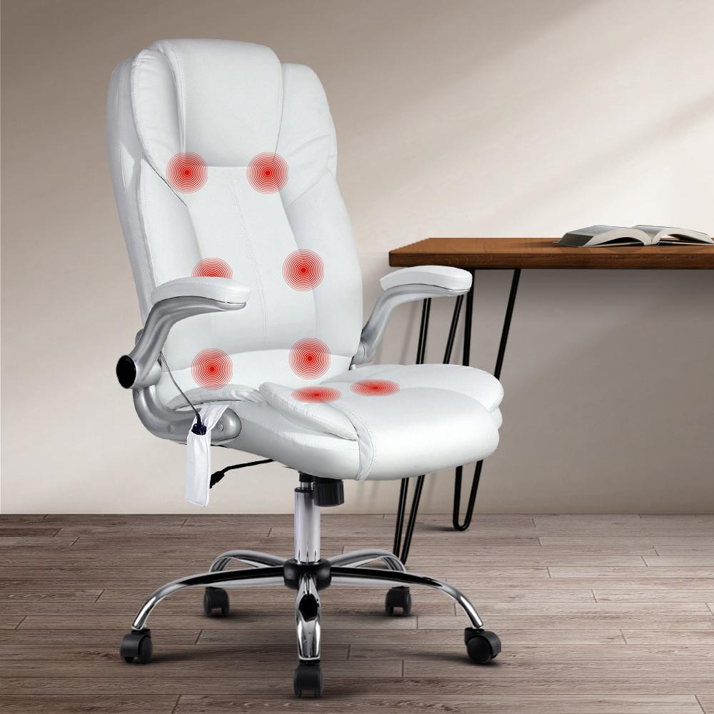 Artiss Massage Office Chair in white PU leather with 8-point massage features and stylish chrome base.