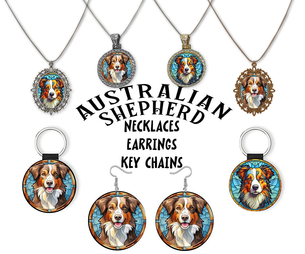 Stained glass style necklace featuring an Australian Shepherd design, showcasing vibrant colors and intricate details on a silver or gold chain.