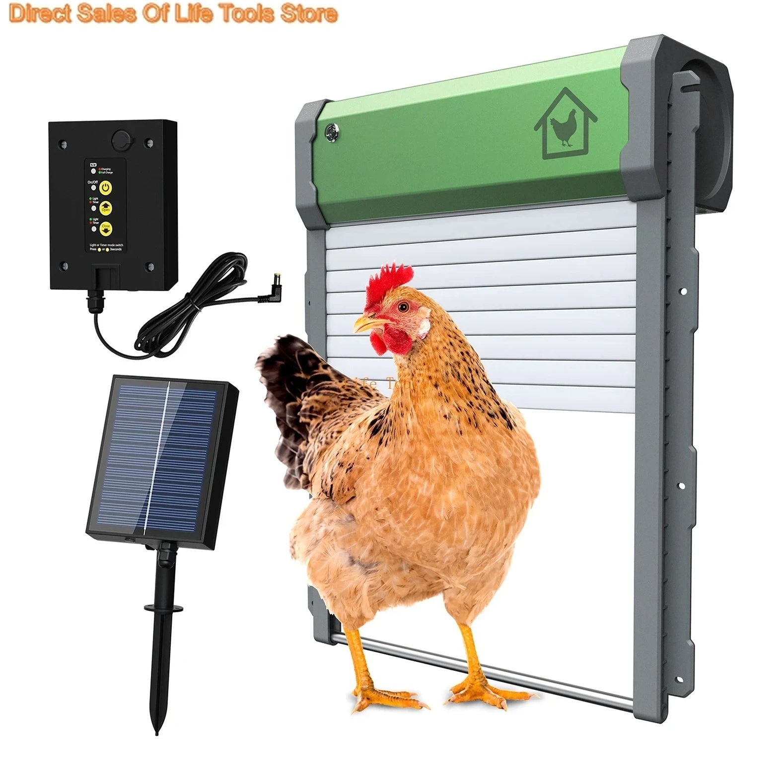 Automatic Chicken Coop Door made of aluminum alloy, solar powered, showcasing its features and design.