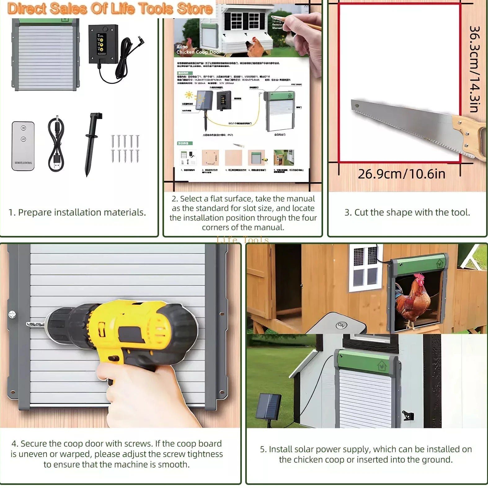 Automatic Chicken Coop Door made of aluminum alloy, solar powered, showcasing its features and design.