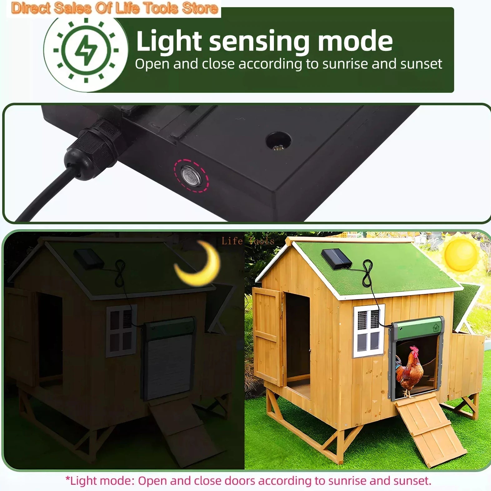 Automatic Chicken Coop Door made of aluminum alloy, solar powered, showcasing its features and design.