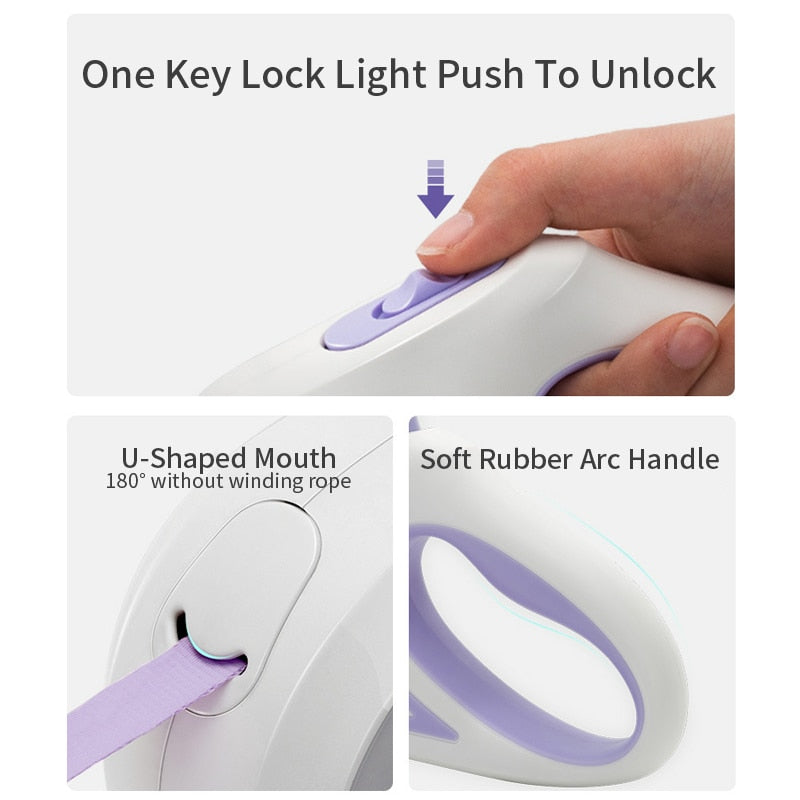 Automatic Retractable Lighting Dog Leash with built-in light and RGB ring, designed for safe night walks with pets.