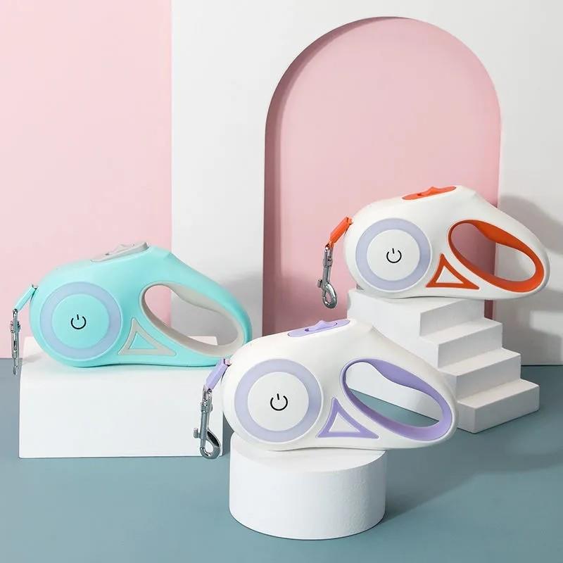 Automatic Retractable Lighting Dog Leash with built-in light and RGB ring, designed for safe night walks with pets.