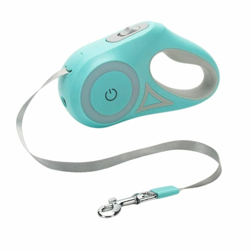 Automatic Retractable Lighting Dog Leash with built-in light and RGB ring, designed for safe night walks with pets.