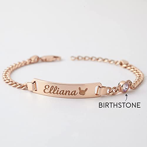 Personalized sterling silver baby bracelet with name and birthstone, beautifully crafted for children.