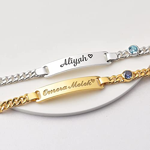 Personalized sterling silver baby bracelet with name and birthstone, perfect for kids.