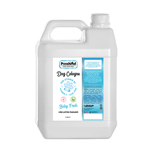 5L bottle of Baby Fresh Cologne for dogs, designed for grooming professionals, featuring a sleek design and easy spray nozzle.