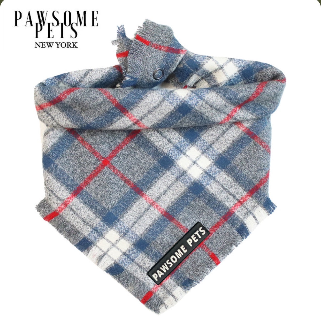 Stylish Acadia Bandana for pets, handmade from 100% cotton with Pawsome Pets logo.