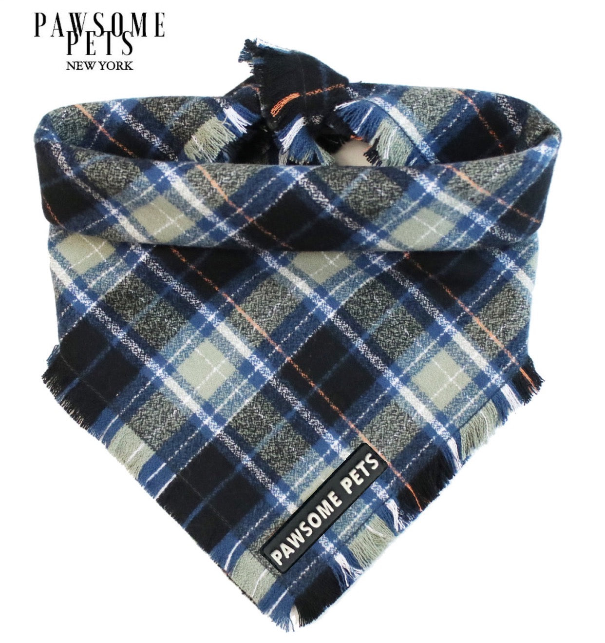 Cedarwood Bandana for pets, handmade from 100% cotton with Pawsome Pets logo.