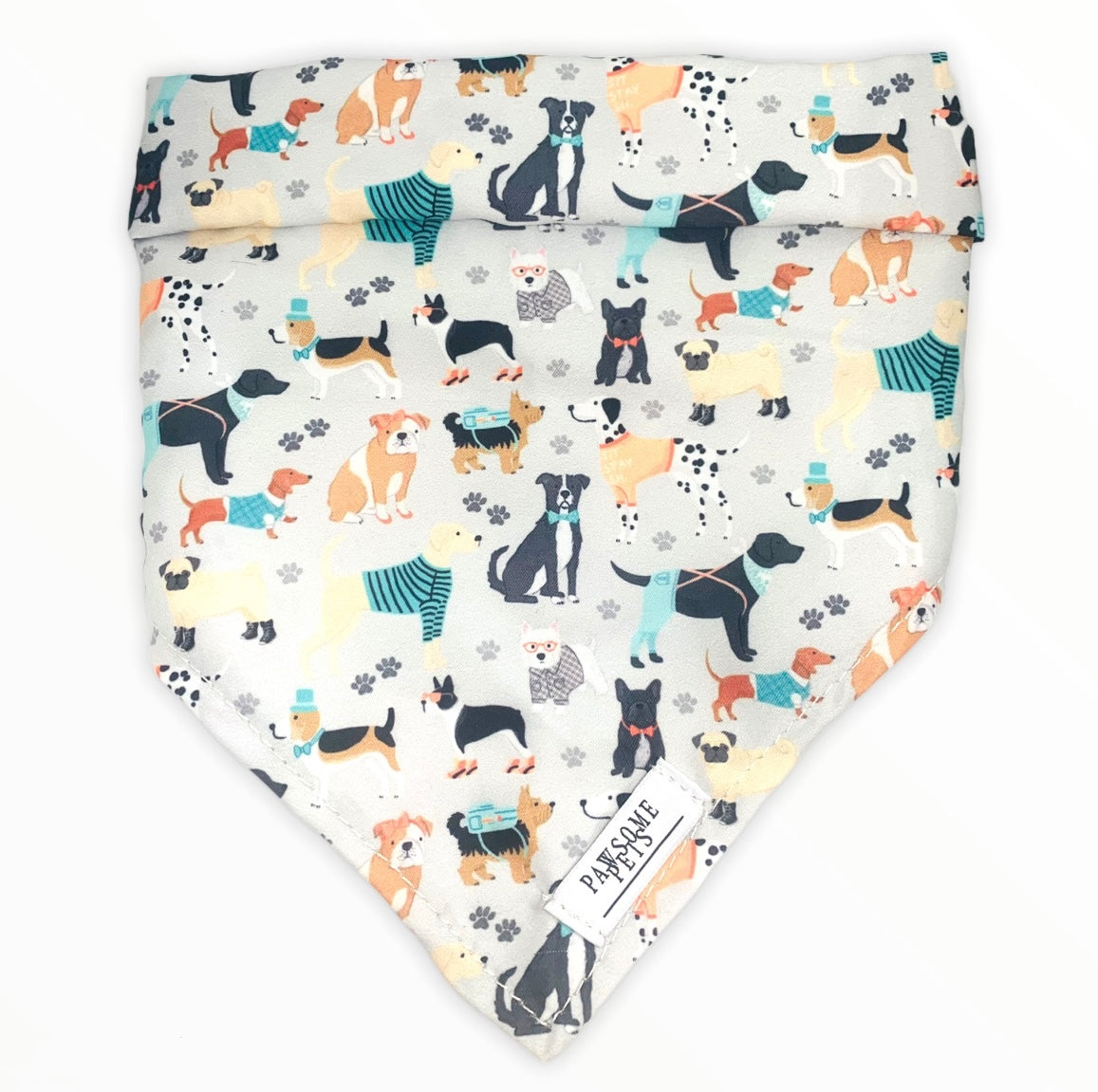 Dapper Doggy Bandana made from 100% cotton with faux leather logo patch, available in various sizes.