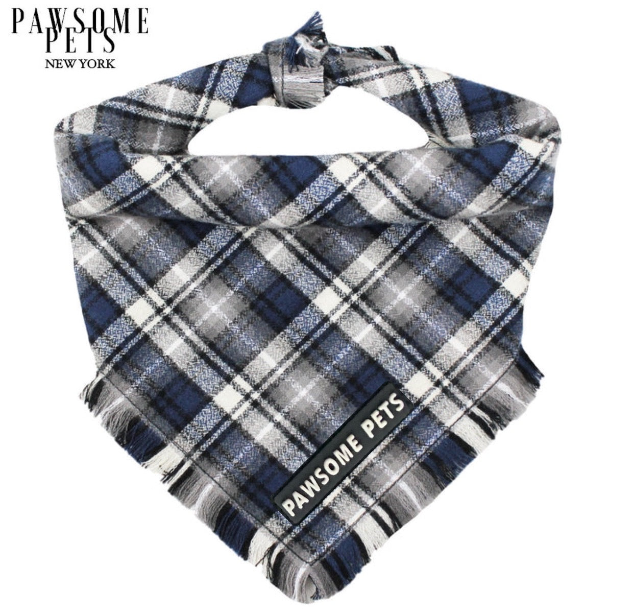 Handmade ELLIOT Bandana for pets, featuring Pawsome Pets logo, made from 100% cotton fabric.