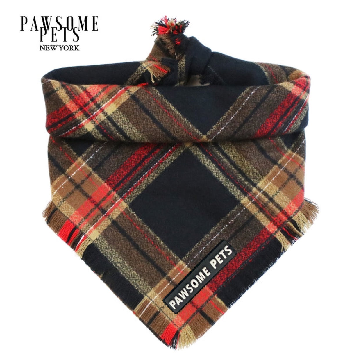 Emerson Bandana for pets, handmade from 100% cotton with Pawsome Pets logo, showcasing a stylish square design.