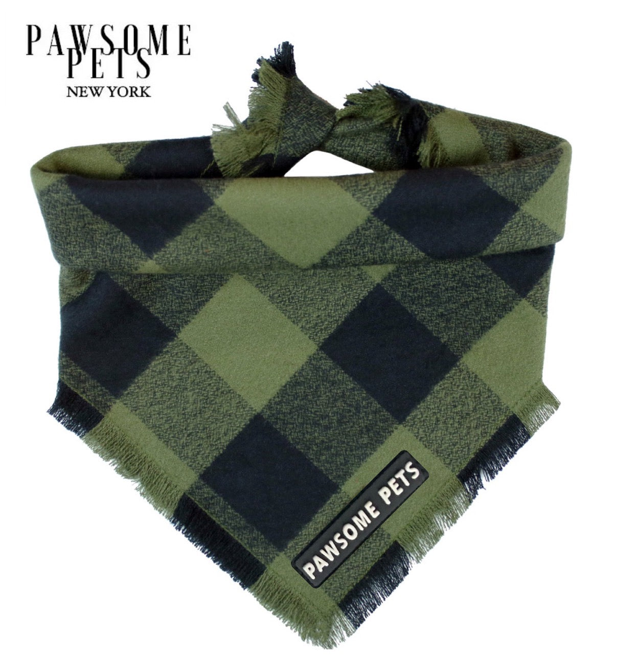 Evergreen Bandana for pets, handmade from 100% cotton with Pawsome Pets logo, showcasing a stylish square design.