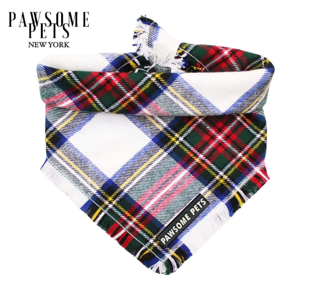 Handmade HOLLY bandana for pets, crafted from 100% cotton with Pawsome Pets logo, featuring a square design for adjustable fit.