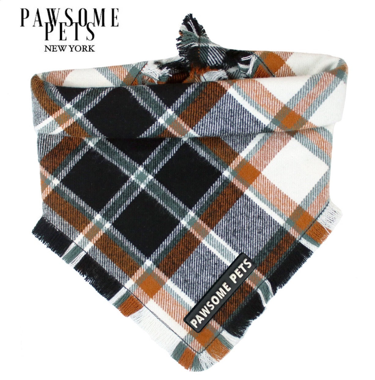 Jasper Bandana for pets, handmade from 100% cotton with Pawsome Pets logo, showcasing a stylish square design.