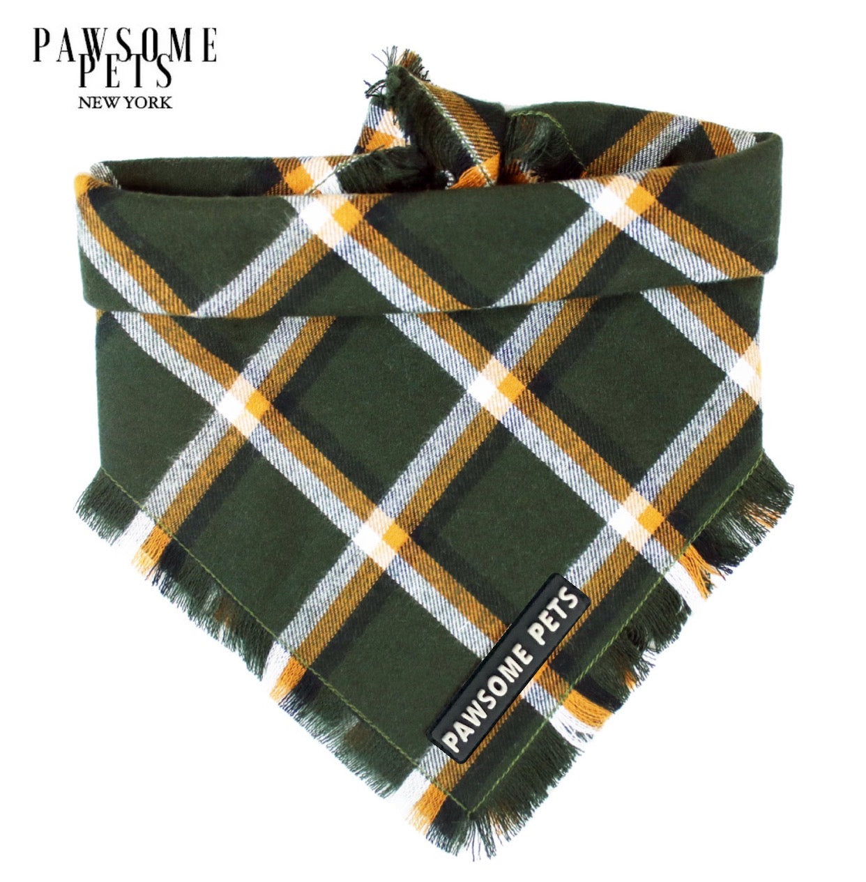 Handmade Juniper Bandana for pets, crafted from 100% cotton with Pawsome Pets logo.