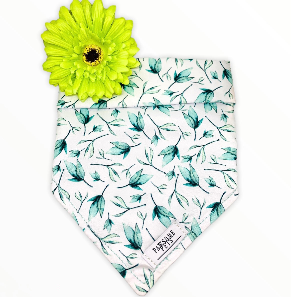 BANDANA - LEAF featuring a stylish leaf design, handmade from 100% cotton with a faux leather logo patch.