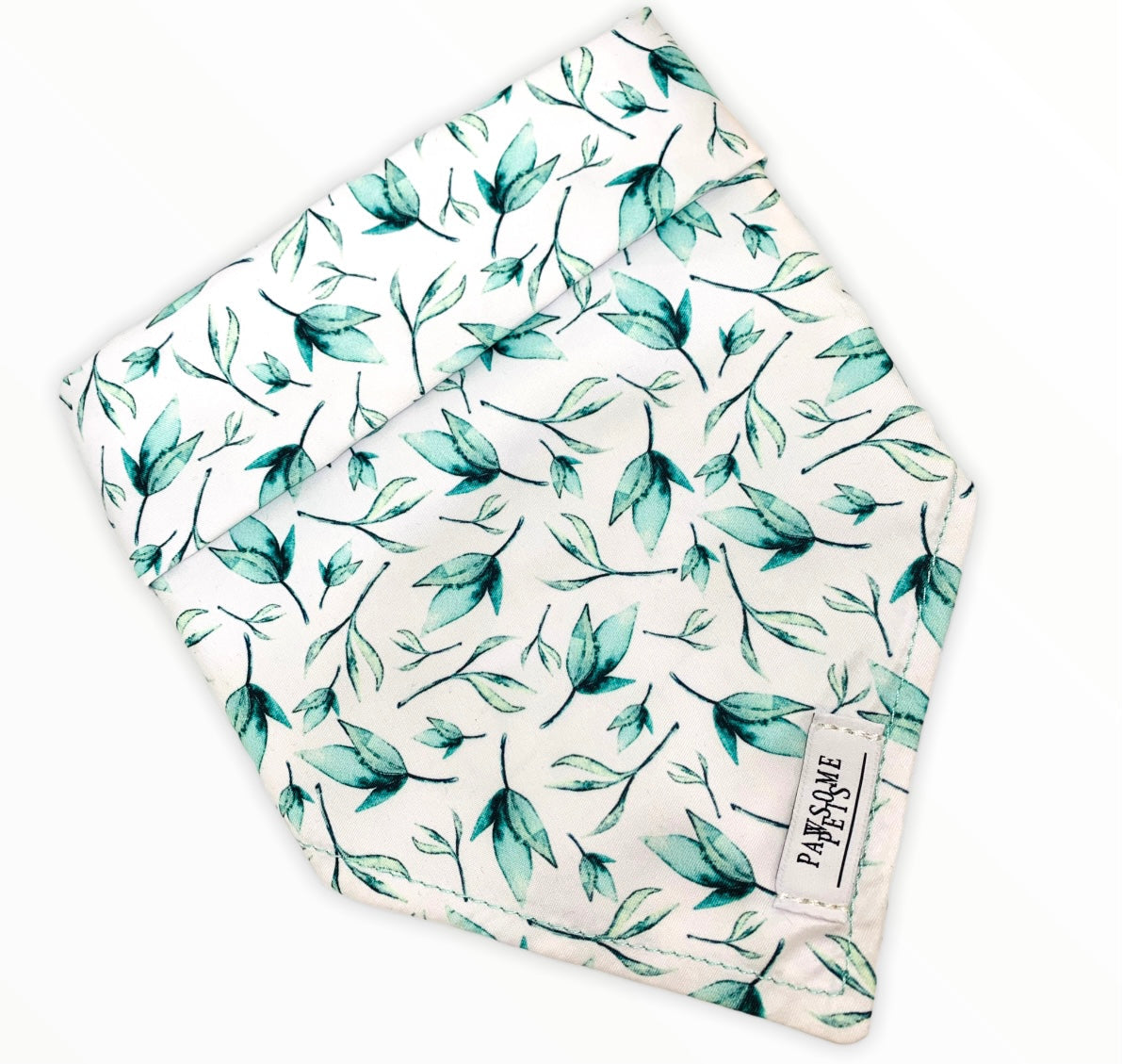 BANDANA - LEAF featuring a stylish leaf design, handmade from 100% cotton with a faux leather logo patch.