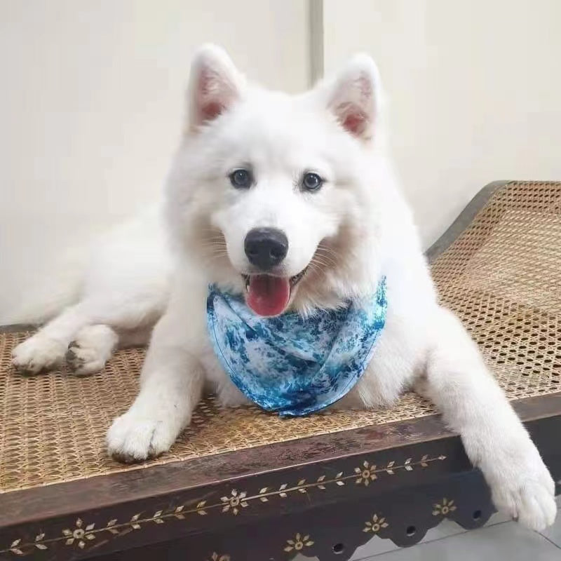 Ocean Blue Bandana for pets, handmade from 100% cotton with a faux leather logo patch, showcasing its vibrant color and stylish design.