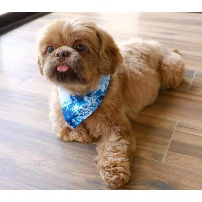 Ocean Blue Bandana for pets, handmade from 100% cotton with a faux leather logo patch, showcasing its vibrant color and stylish design.