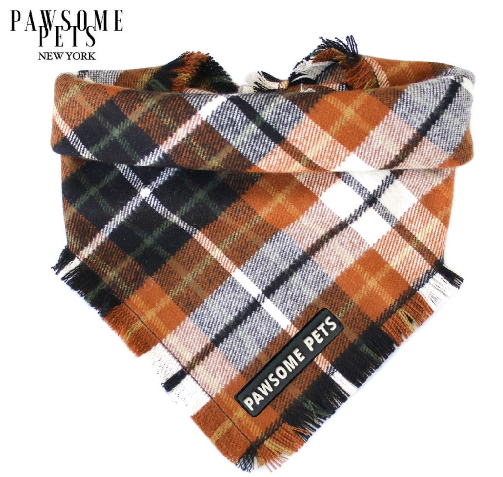 Handmade Pinewood Bandana for pets, featuring a stylish design and Pawsome Pets logo, made from 100% cotton fabric.