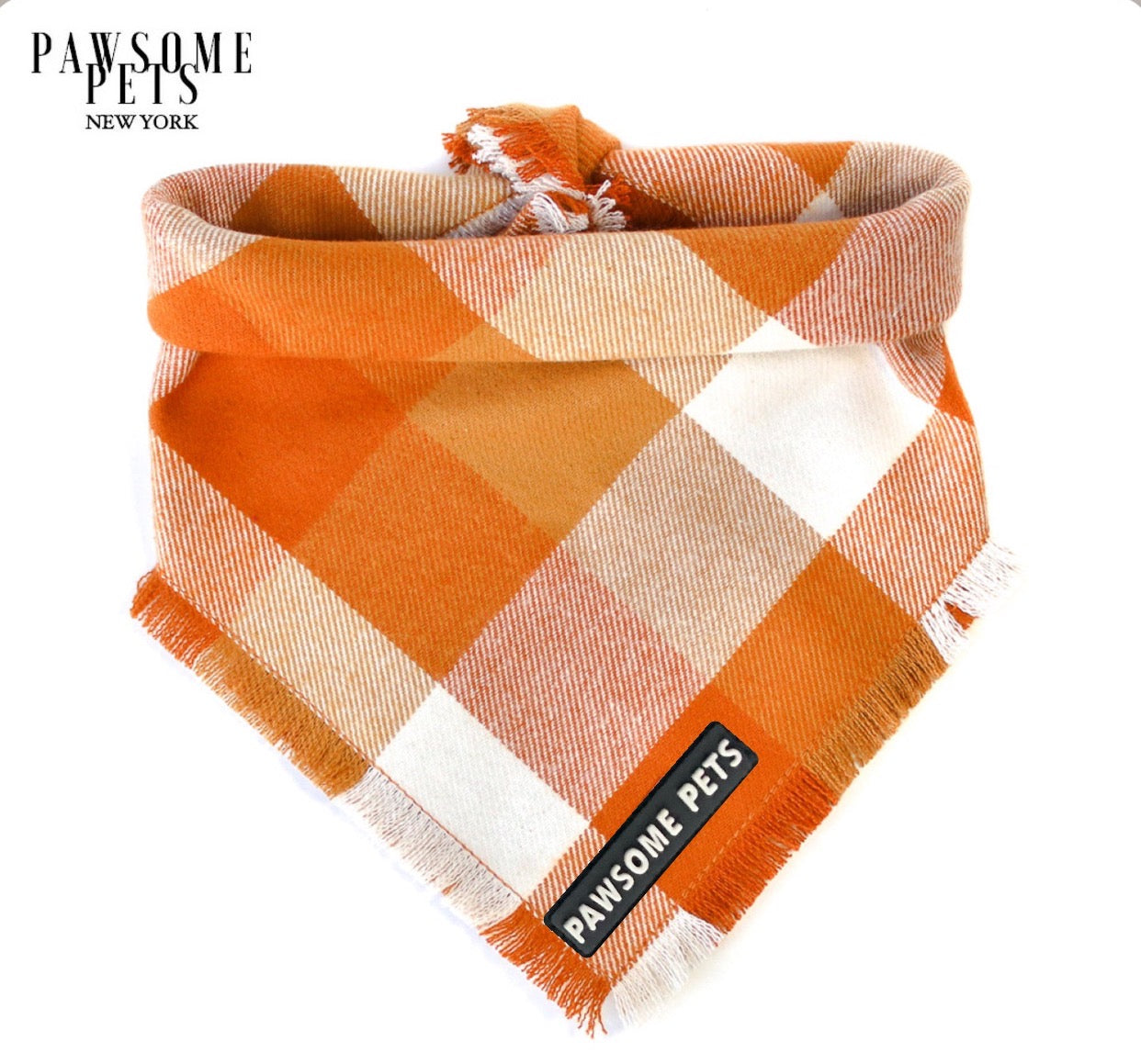 Handmade Pumpkin Bandana for pets, crafted from 100% cotton with Pawsome Pets logo.