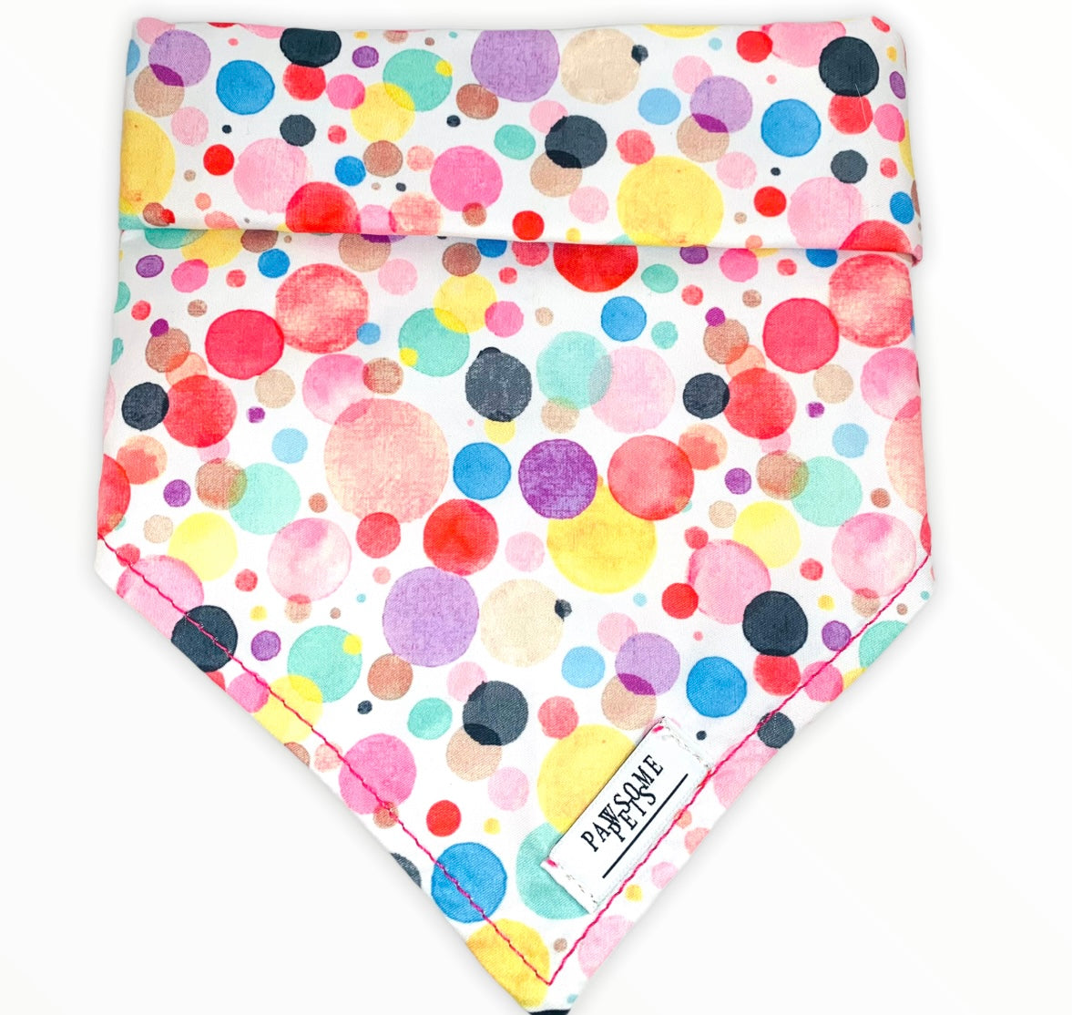 Colorful Rainbow Bubble Bandana for pets, handmade from cotton with a faux leather logo patch.