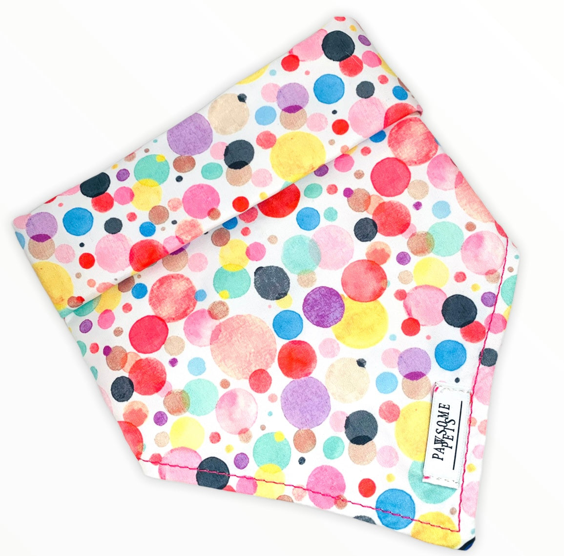 Colorful Rainbow Bubble Bandana for pets, handmade from cotton with a faux leather logo patch.