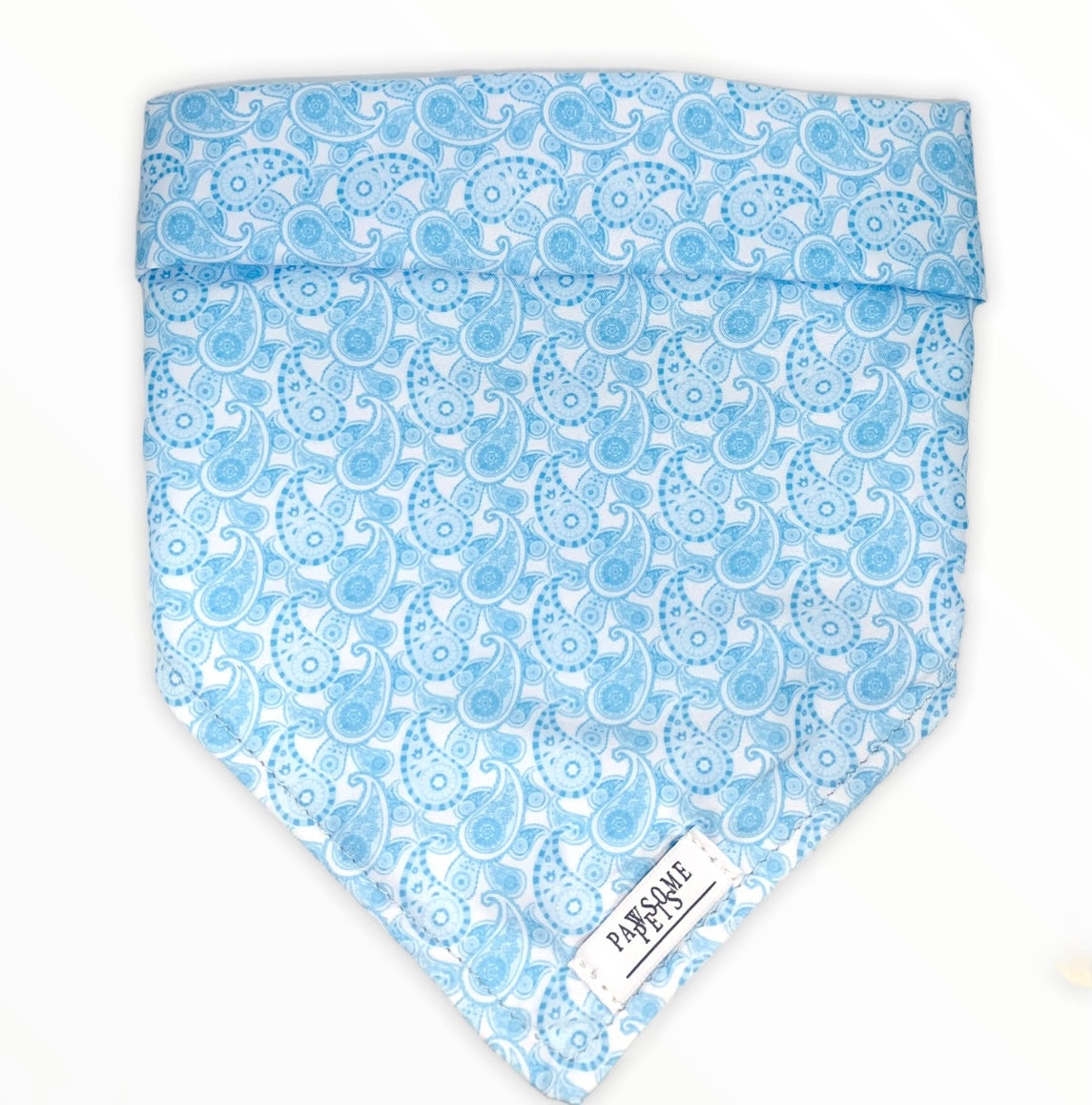 Handmade Waterdrop Bandana for pets, featuring a faux leather logo patch and made from 100% cotton fabric.