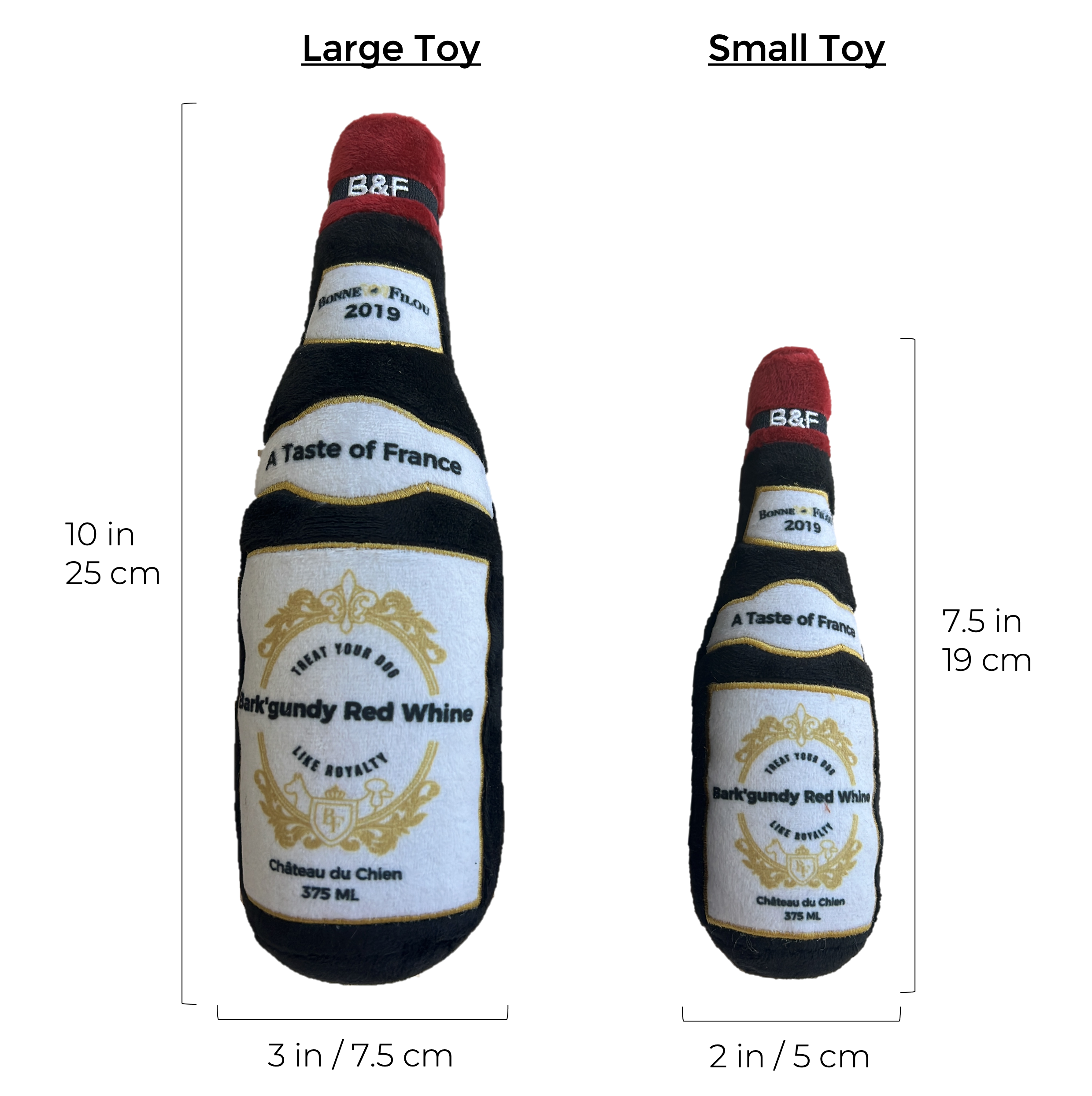 Bark'gundy Red Whine Toy - Large, a plush dog toy resembling a wine bottle with a squeaker inside, made from recycled materials.