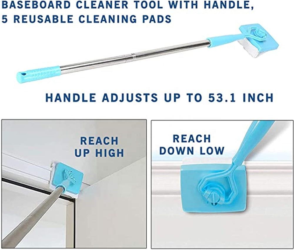 Baseboard Buddy Retractable Household Universal Cleaning Brush Mop with microfiber mat and adjustable length.
