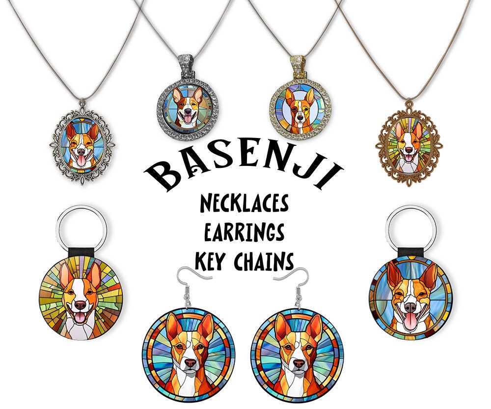 Stained glass style jewelry featuring Basenji designs, including necklaces and earrings in silver and gold options.