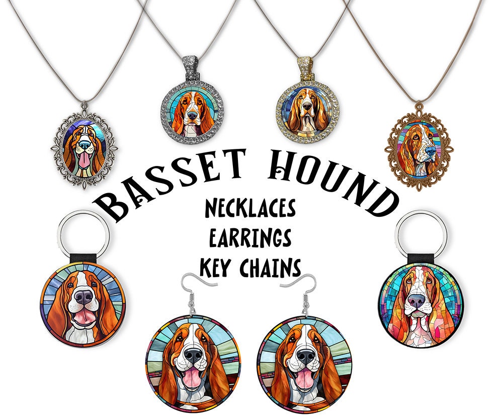 Stained glass style jewelry featuring Basset Hound designs, including necklaces and earrings in silver and gold finishes.