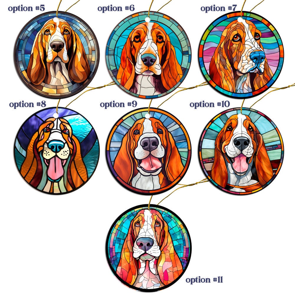Stained glass style jewelry featuring Basset Hound designs, including necklaces and earrings in silver and gold finishes.
