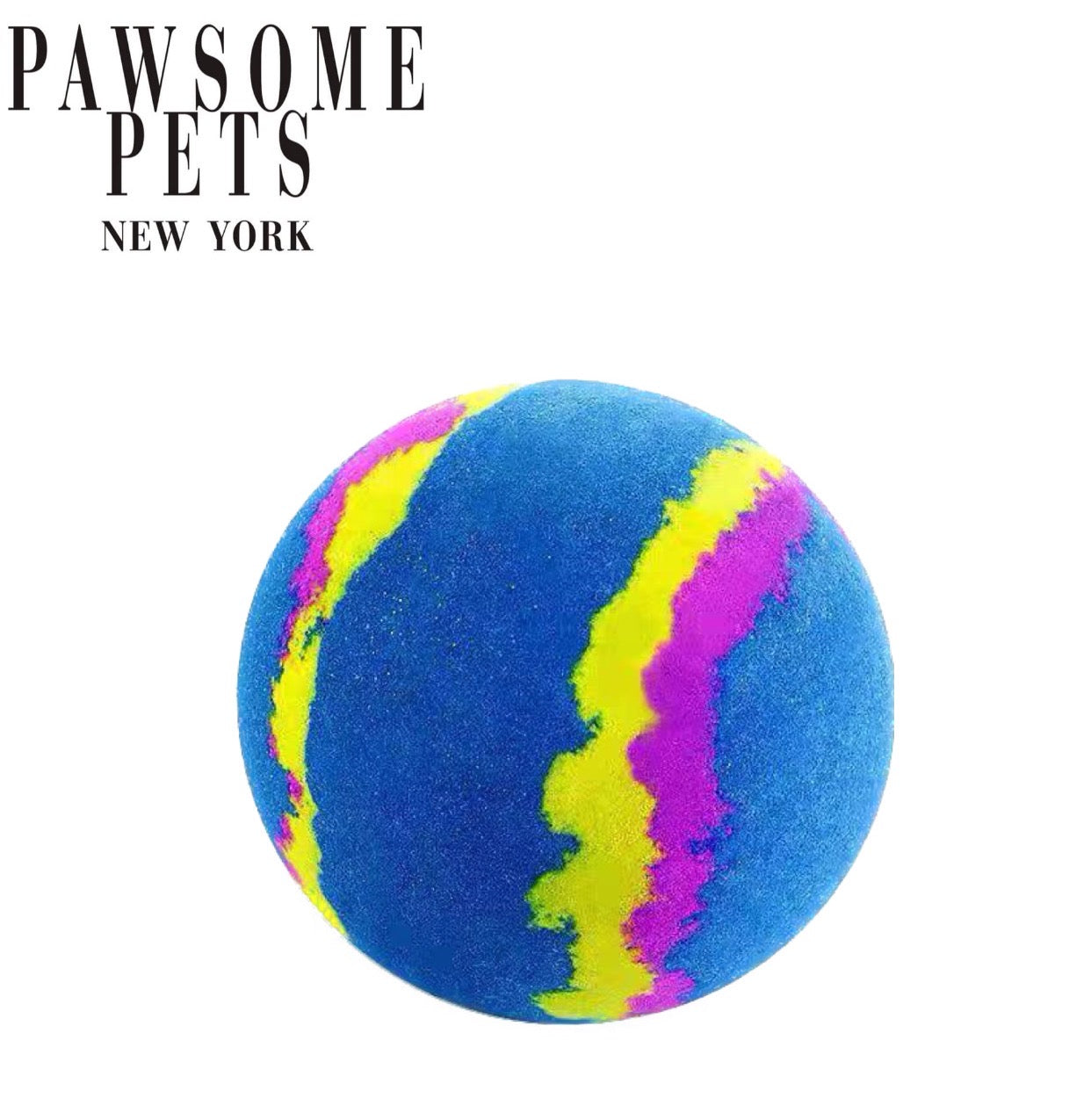 A colorful bath bomb for dogs, infused with Kaolin Clay, surrounded by water and playful bubbles, showcasing its eco-friendly and safe ingredients.