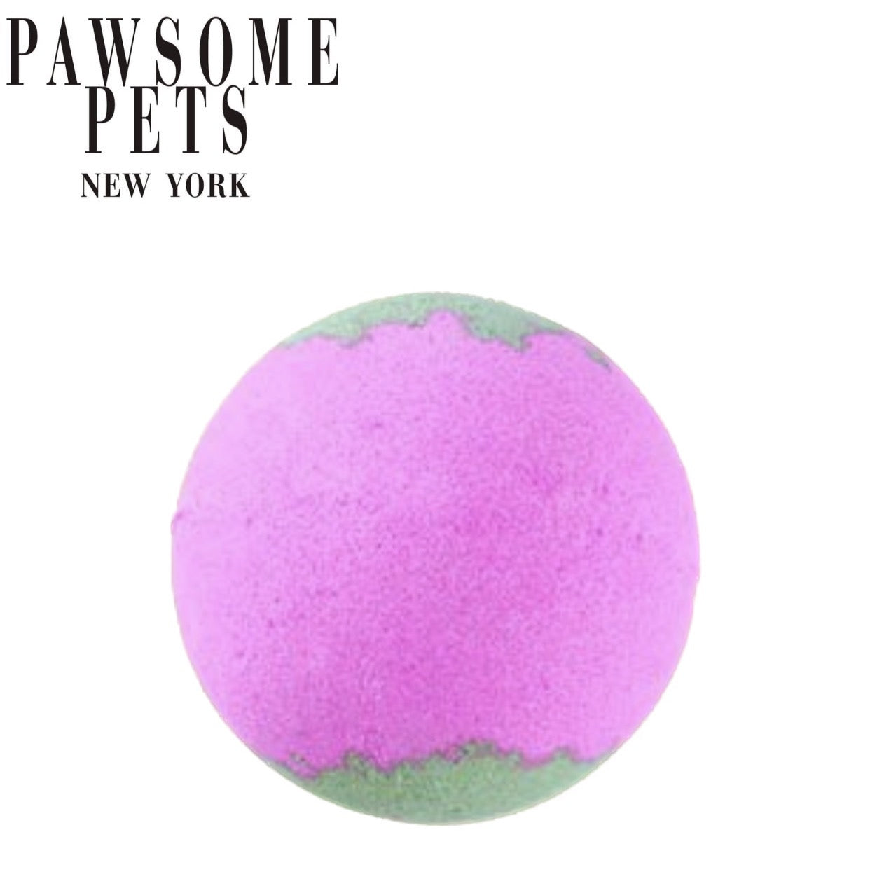 A vibrant pink bath bomb for dogs, infused with rose scent and Kaolin Clay, surrounded by colorful sugar embellishments.