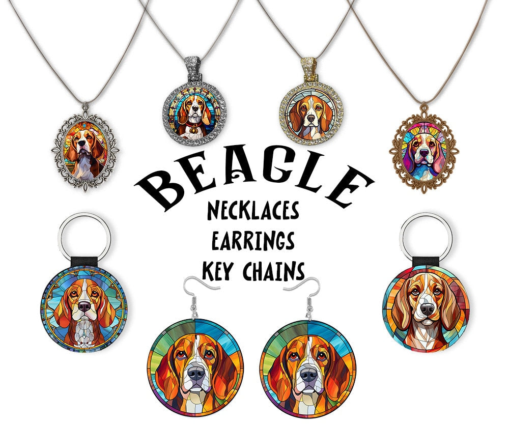 Stained glass style Beagle jewelry including necklaces and earrings, showcasing vibrant colors and intricate designs.