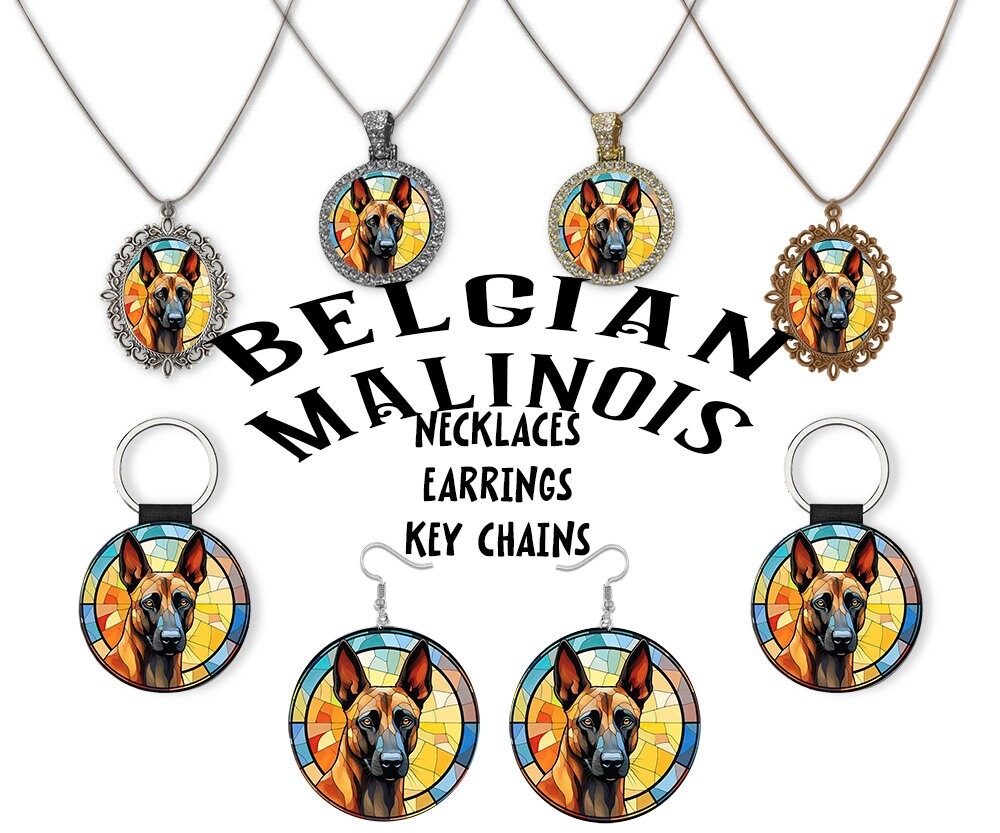 Stained glass style jewelry featuring Belgian Malinois designs, including necklaces and earrings in silver and gold finishes.
