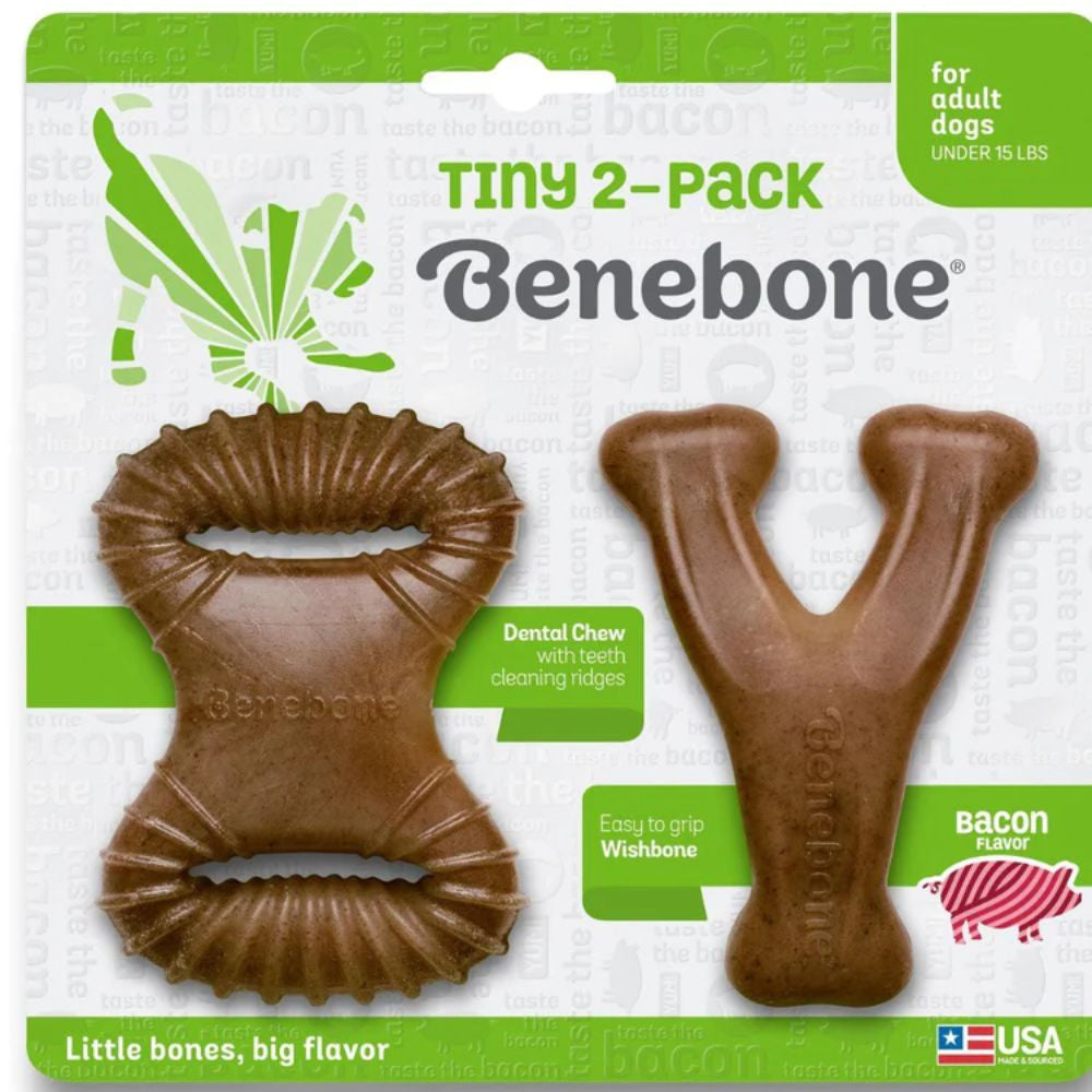 Benebone 2-Pack Dental Chew and Wishbone Bacon Tiny Dog Chew Toy, featuring a soft design and ridges for dental health.