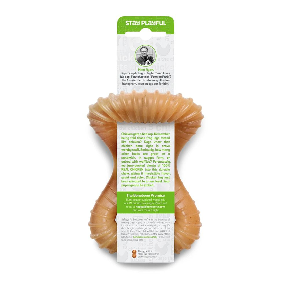 Benebone Dental Chew Chicken Dog Chew Toy featuring a durable nylon design with deep grooves for dental cleaning and infused with real chicken flavor.