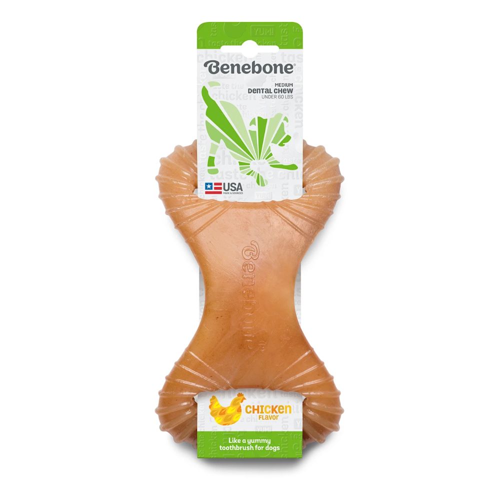 Benebone Dental Chew Chicken Dog Chew Toy featuring a durable nylon design with deep grooves for dental cleaning and infused with real chicken flavor.