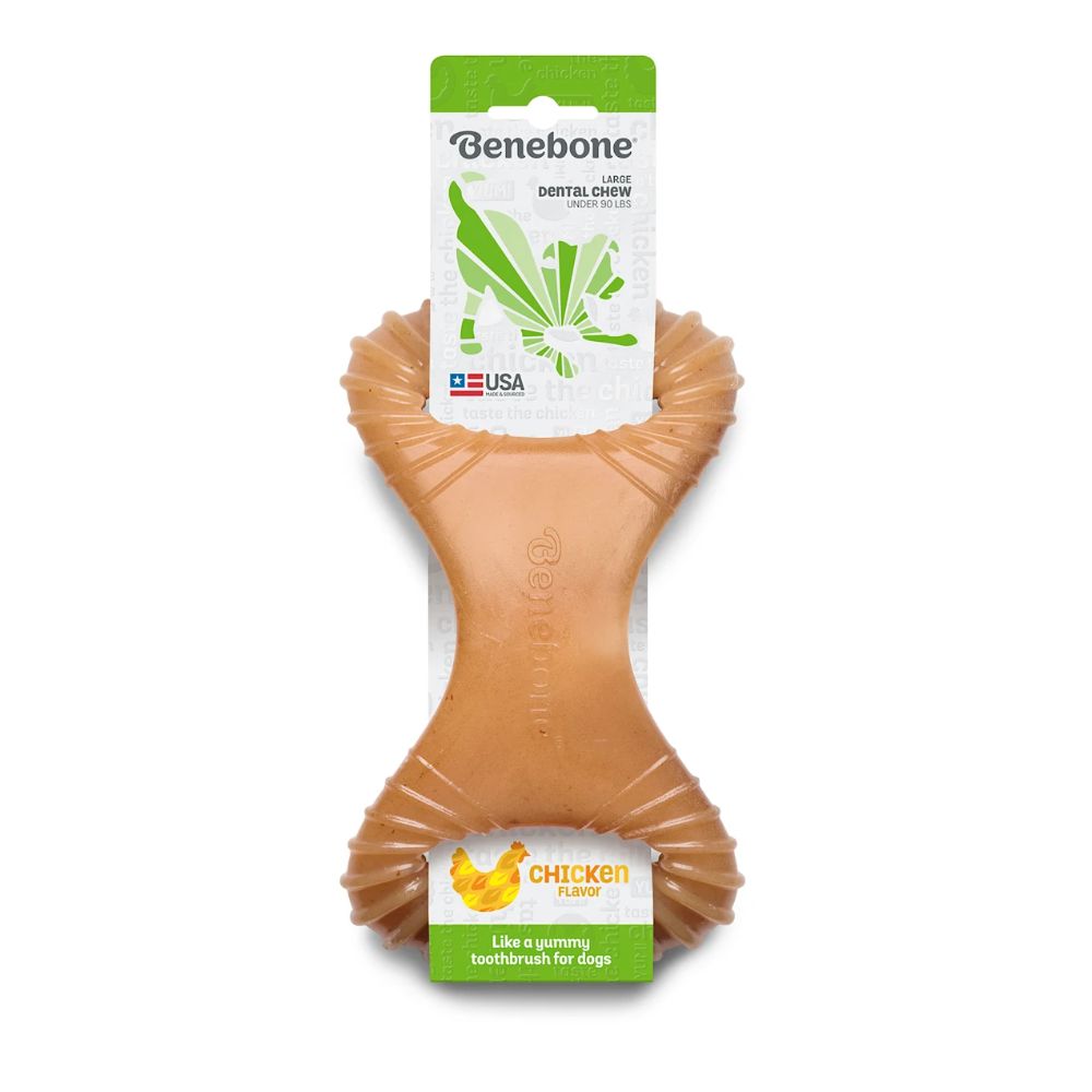 Benebone Dental Chew Chicken Dog Chew Toy featuring a durable nylon design with deep grooves for dental cleaning and infused with real chicken flavor.