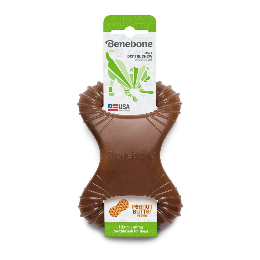Benebone Dental Chew Peanut Dog Chew Toy with deep grooves and ergonomic design, infused with real peanut butter flavor.